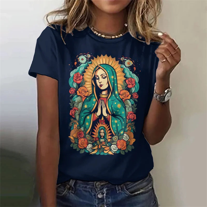 Virgin Mary Pattern T-Shirt For Women Sacred Christianity 3D Print T Shirts Summer Fashion Street Tees Short Sleeves O-Neck Tops