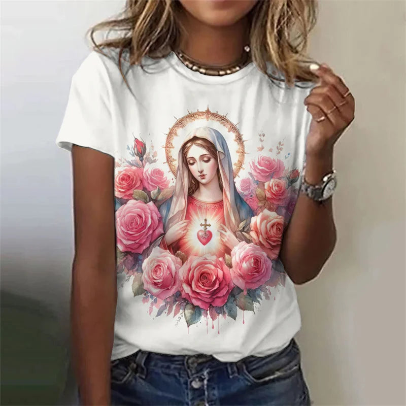 Virgin Mary Pattern T-Shirt For Women Sacred Christianity 3D Print T Shirts Summer Fashion Street Tees Short Sleeves O-Neck Tops